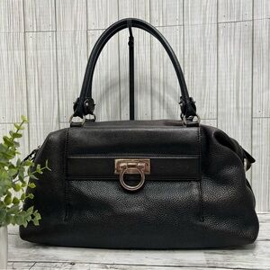 Salvatore Ferragamo Black Pebbled Leather Satchel Tote Bag Top Handle Purse